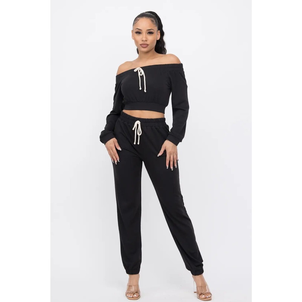 Elastic Band Tube Top Drawstring Jogger Pants Set- Black